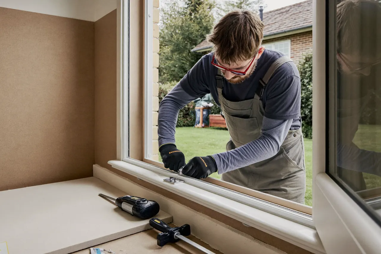 A window fitter carefully installing a new white uPVC window frame