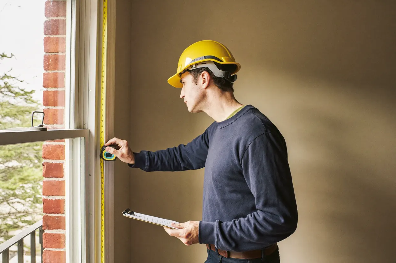 A surveyor measuring a window opening with a tape measure