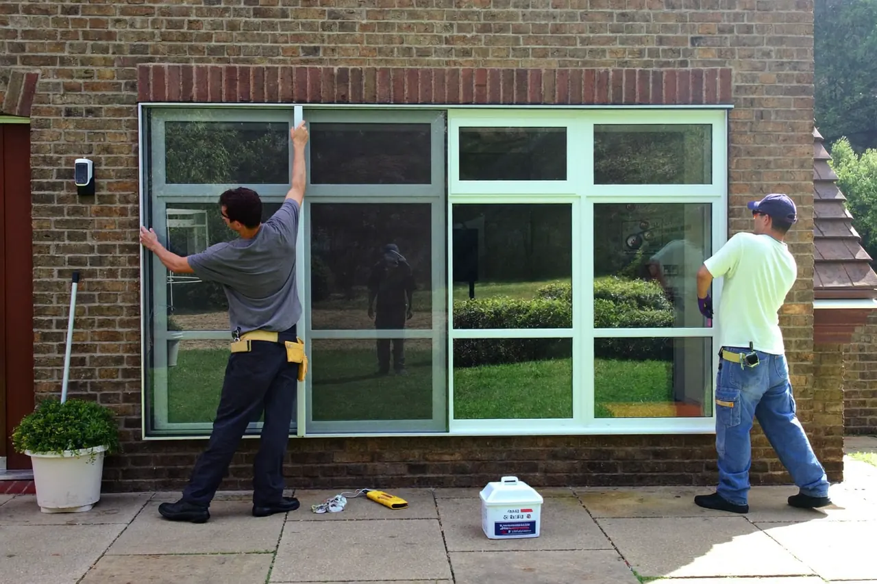 Two installers lifting a large glazed window unit into place